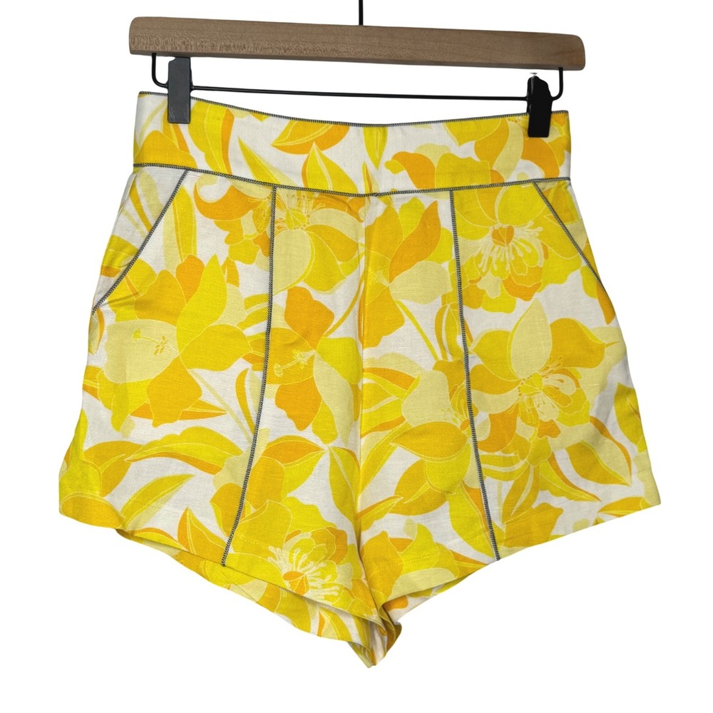 Significant Other Yellow Floral High Waisted Shorts‎ Retro Resort Linen Blend 2